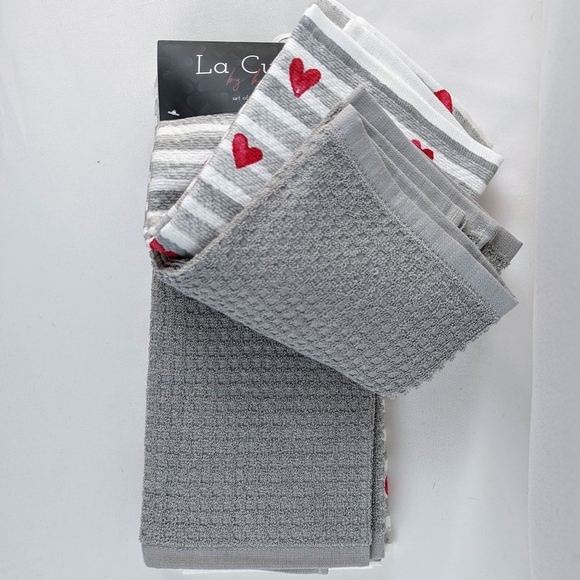 Kitchen Towel Set Of Four (4) Hearts & Stripes  On White (2) Solid Grey NWT - Picture 4 of 10
